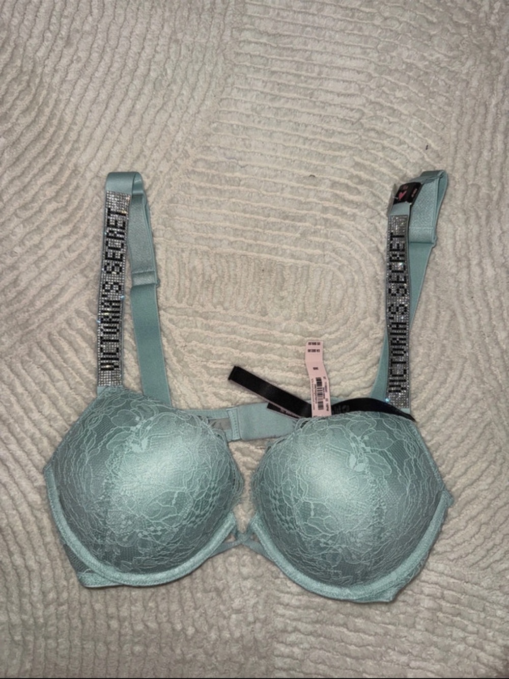 Victoria's Secret Mint Lace Push-Up Bra with Embellished Logo Straps